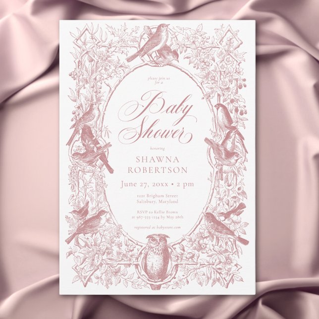 Elegant Pink Chinoiserie Nature Birds Babydusche Einladung (Elegant Pink Chinoiserie Nature Birds Baby Shower Invitation)