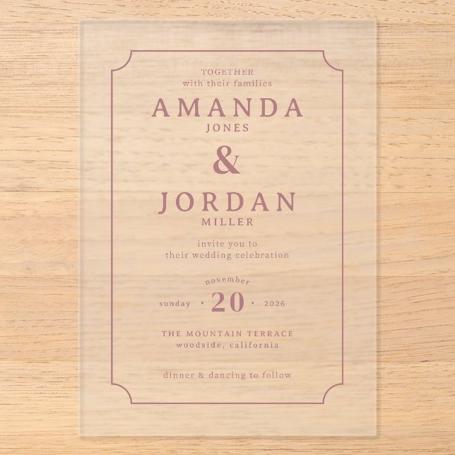 Elegant Pink Classic Wedding Invitation Acryleinladungen (Vorderseite)