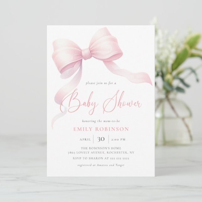 Elegant Pink Coquette Bow Girl Baby Shower Einladung (Stehend Vorderseite)