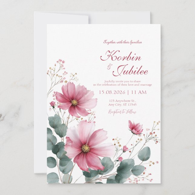 Elegant Pink Cosmos Eucalyptus Watercolor Einladung (Vorderseite)