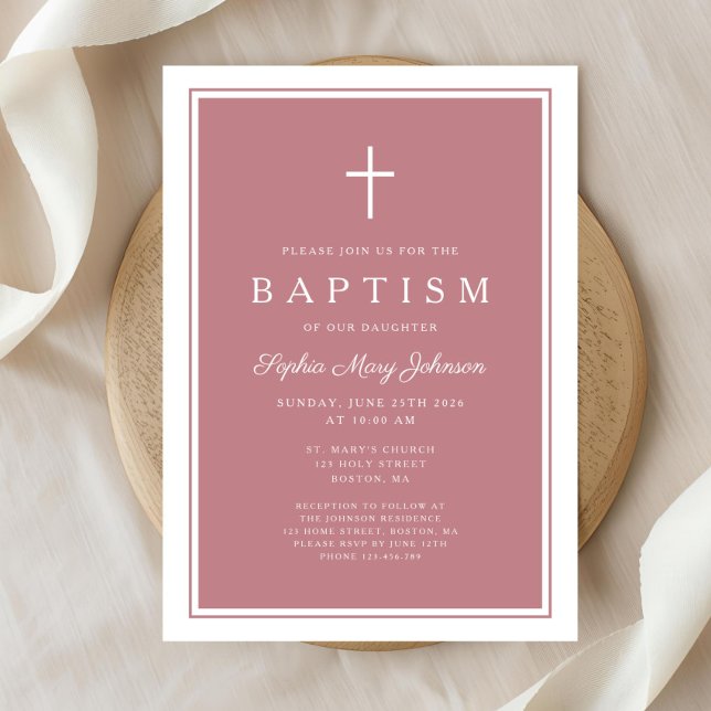 Elegant Pink Cross Baby Girl Baptism Einladung (Elegant Pink Cross Baby Girl Baptism Invitation)