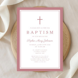 Elegant Pink Cross Baby Girl Baptism Einladung