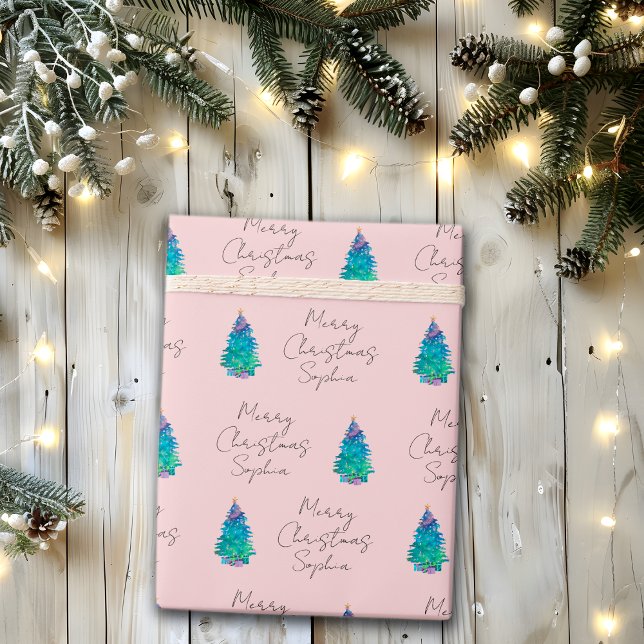 Elegant Pink Custom Merry Christmas Tree Wra Geschenkpapier (Von Creator hochgeladen)