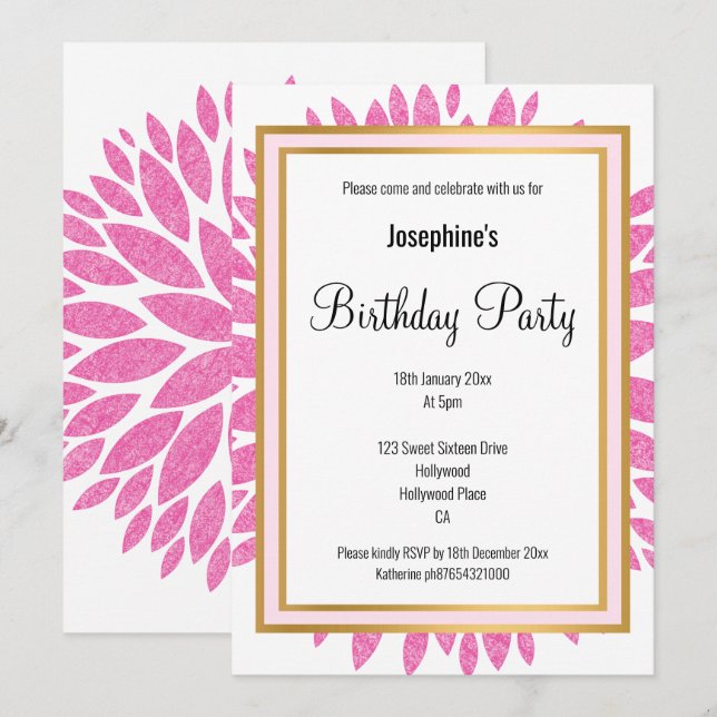ELEGANT PINK DAHLIA GOLD BIRTHDAY EINLADUNG (Vorne/Hinten)