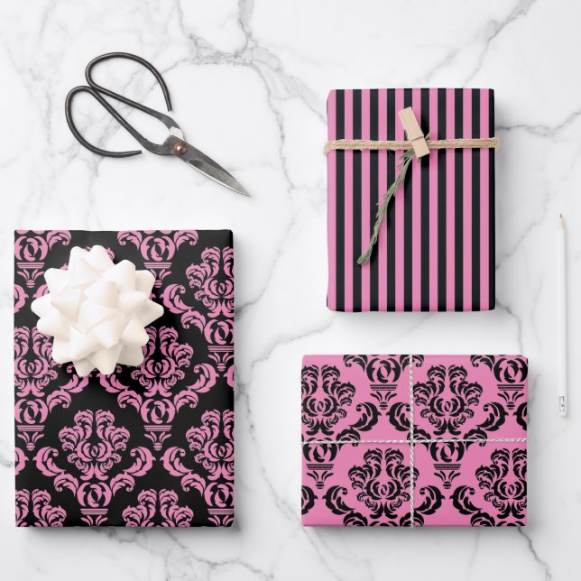 Elegant Pink Damask Geschenkpapier Set (Vorderseite)