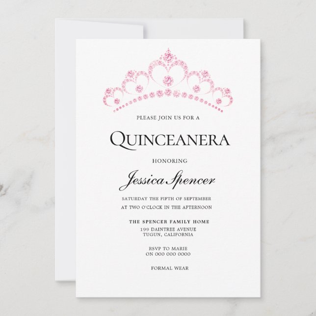 Elegant Pink Diamond Tiara Quinceanera Einladung (Vorderseite)