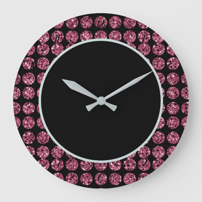 Elegant Pink Diamonds Glam Sparkle Black Pink Große Wanduhr (Vorderseite)