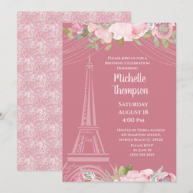 Elegant Pink Eiffel Tower Paris Geburtstag Einladung (Vorne/Hinten)