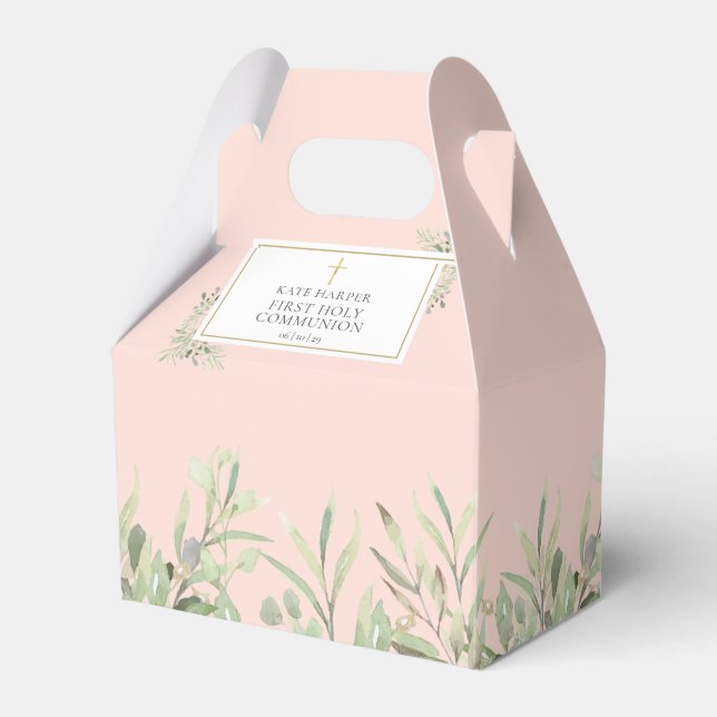Elegant Pink Erste Heilige Kommunion Grüne Geschenkschachtel (Vorderseite)