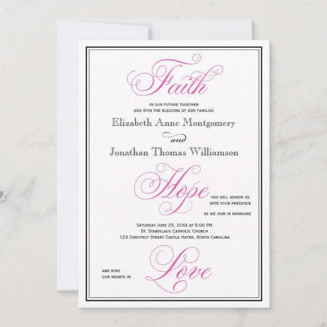 Elégant Pink Faith Hope Love Faire-part de mariage (Devant)