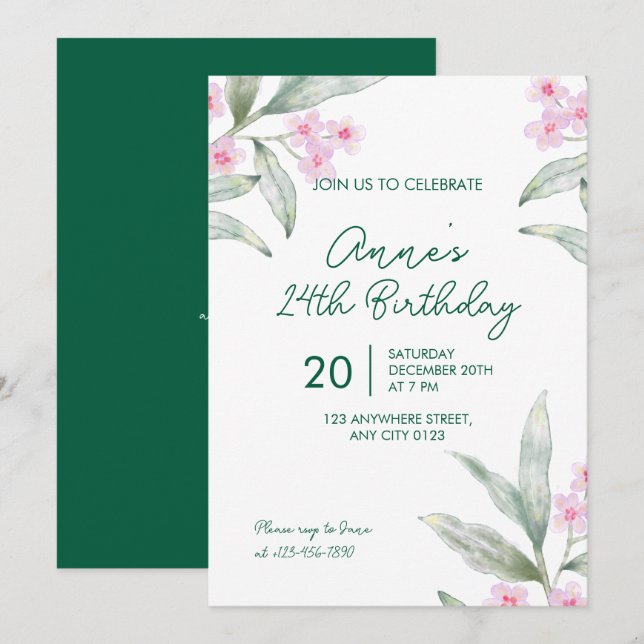 Elegant Pink Floral 24th Birthday Invitation (Devant / Derrière)