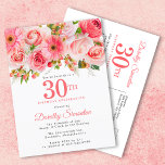 Elegant Pink Floral 30. Geburtstag Einladungspostkarte<br><div class="desc">Rose, Pfannkuchen und Traumwelten schaffen ein hübsches sommerlich rosa Blumendesign. Die Buden und das Laub verleihen dem Ganzen ein rustikales Ambiente. Der 30. ist in einem großen, fett gedruckten Text verfasst. Es kann für jedes Jahr geändert werden, das Sie wünschen. Der Name des Geburtstags wird in einem eleganten Script-Schriftart geschrieben....</div>