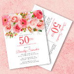 Elegant Pink Floral 50. Geburtstag Einladungspostkarte<br><div class="desc">Rose, Pfannkuchen und Traumwelten schaffen ein hübsches sommerlich rosa Blumendesign. Die Buden und das Laub verleihen dem Ganzen ein rustikales Ambiente. 50. ist in einem großen, fett gedruckten Text geschrieben. Es kann für jedes Jahr geändert werden, das Sie wünschen. Der Name des Geburtstags wird in einem eleganten Script-Schriftart geschrieben. Die...</div>