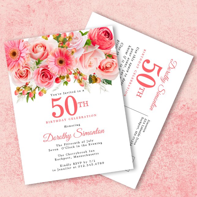 Elegant Pink Floral 50. Geburtstag Einladungspostkarte (Von Creator hochgeladen)