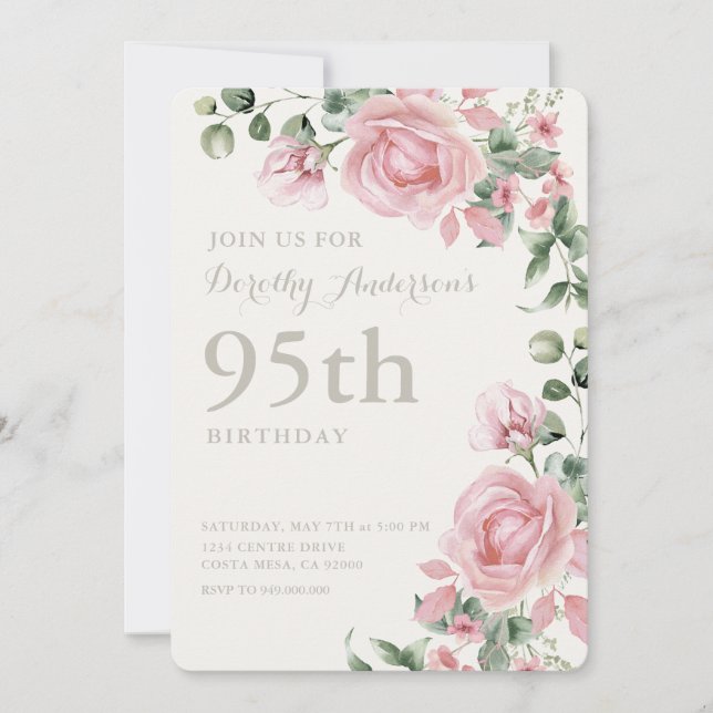 Elegant Pink Floral 95. BIrthday Party Einladung (Vorderseite)