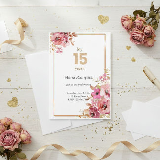 Elegant Pink Floral and Gold Sweet 15 Invitation Einladung