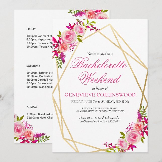 Elegant PInk Floral Bachelorette Weekend Tour Einladung (Vorne/Hinten)