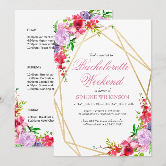 Elegant PInk Floral Bachelorette Weekend Tour Einladung (Vorne/Hinten)