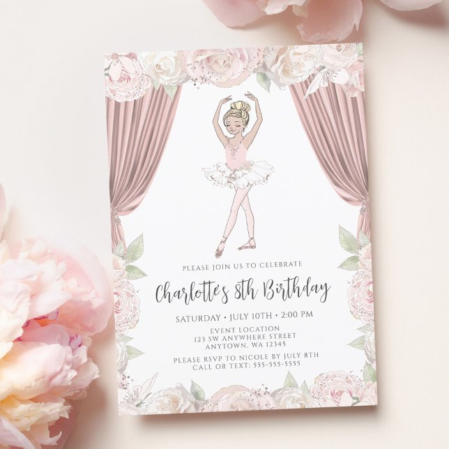 Elegant Pink Floral Ballerina Blonde Girl Birthday Einladung (Von Creator hochgeladen)