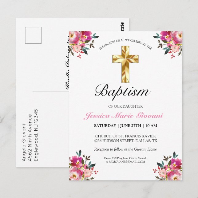 Elégant PInk Floral Baptism Invitation Carte posta (Devant / Derrière)