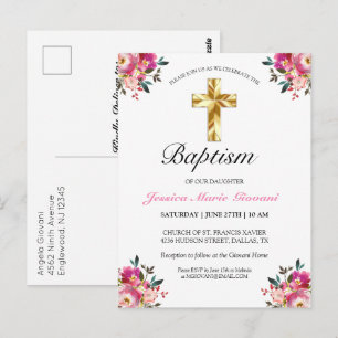 Elégant PInk Floral Baptism Invitation Carte posta