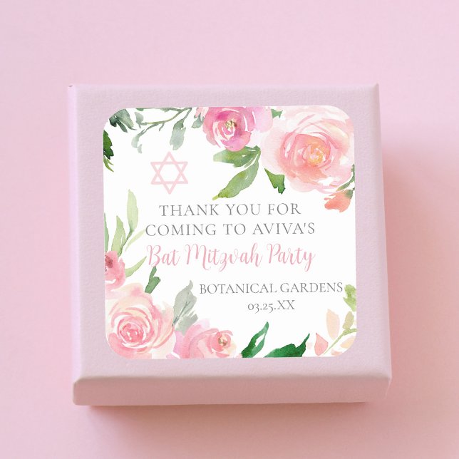 Elegant Pink Floral Bat Mitzvah Party Custom Quadratischer Aufkleber (Von Creator hochgeladen)