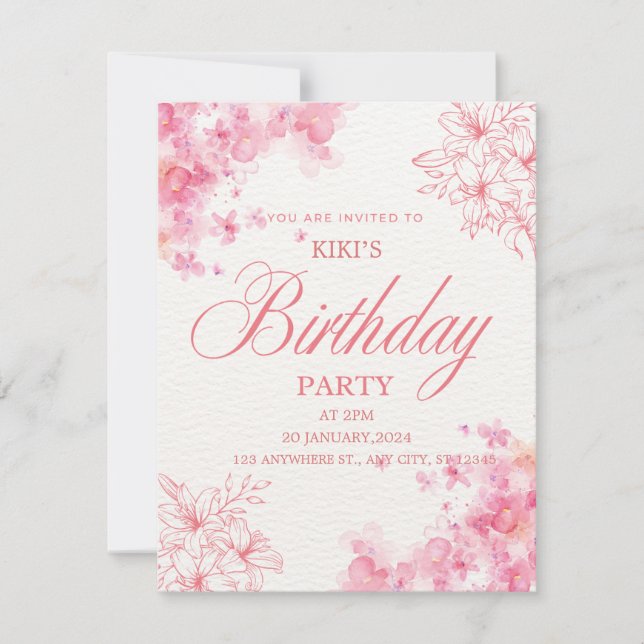 Elegant Pink Floral Birthday Invitation (Devant)