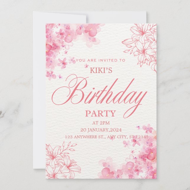 Elegant Pink Floral Birthday Invitation (Devant)
