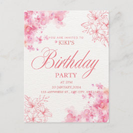 Elegant Pink Floral Birthday Invitation Ankündigungspostkarte
