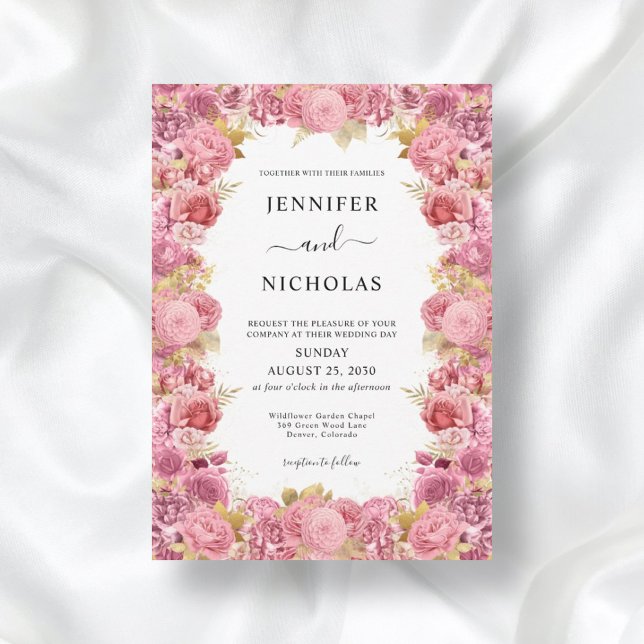 Elegant Pink Floral Border Boho Hochzeit Einladung (Von Creator hochgeladen)