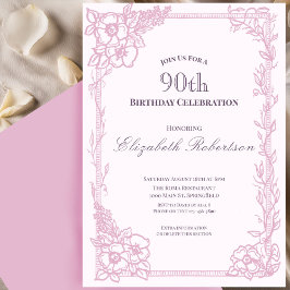 Elegant Pink Floral Border Women's 90th Birthday Einladung