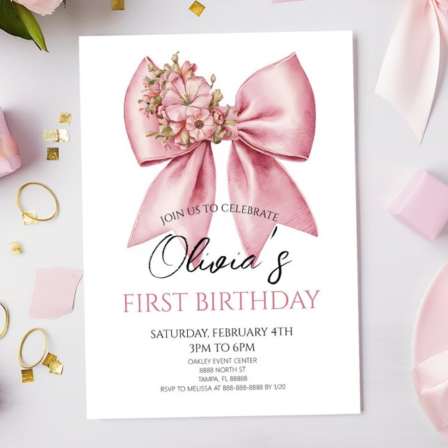 Elegant Pink Floral Bow Birthday Party Einladung (Von Creator hochgeladen)