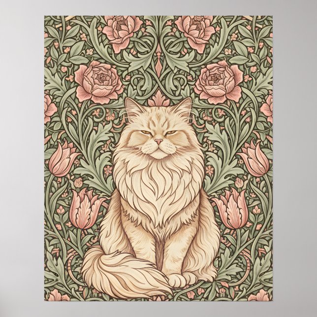 Elegant Pink Floral Cat Poster William Morris Art  (Devant)