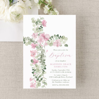 Elegant Pink Floral Cross Girl Baptism Einladung