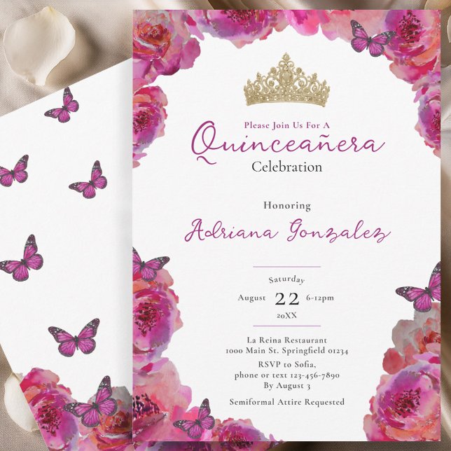 Elegant Pink Floral Crown Quinceanera Einladung (Von Creator hochgeladen)