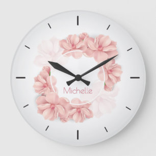 Elegant Pink Floral Custom Name   Wall Clock Große Wanduhr