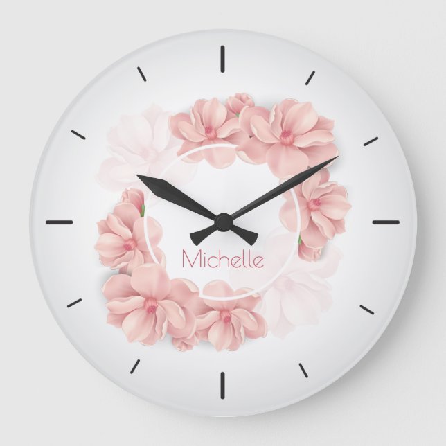 Elegant Pink Floral Custom Name | Wall Clock Große Wanduhr (Vorderseite)