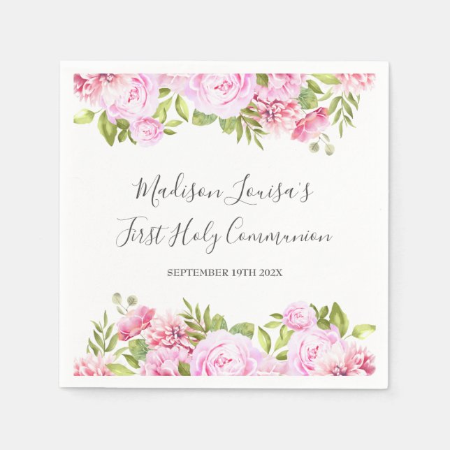 Elegant Pink Floral First Holy Communion Serviette (Vorderseite)