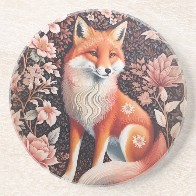 Elegant Pink Floral Fox William Morris Inspiriert Getränkeuntersetzer (Vorne)