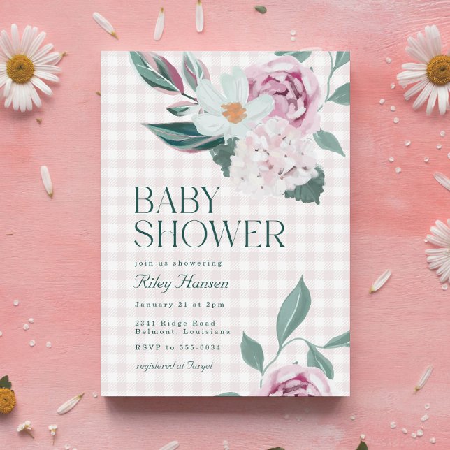 Elegant Pink Floral Gingham Girl Baby Shower Einladung (Von Creator hochgeladen)
