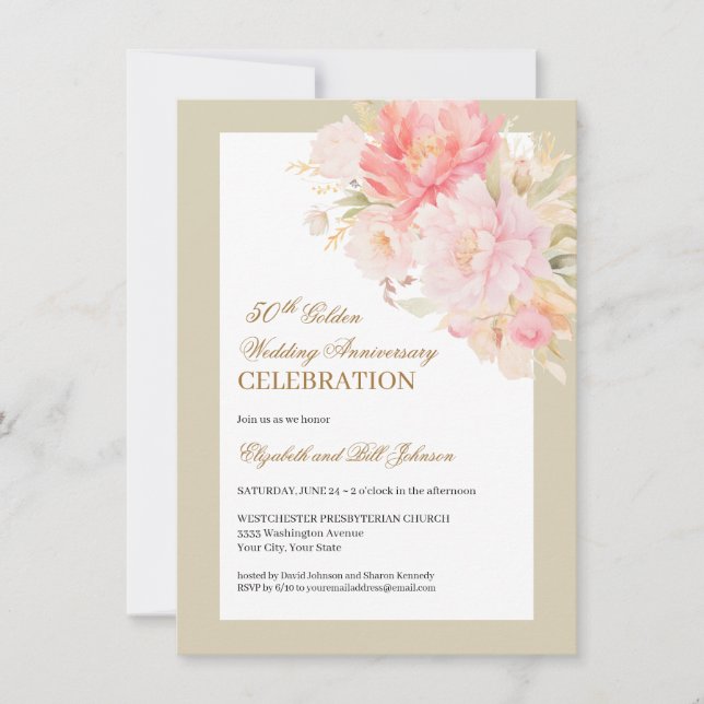 Elegant Pink Floral Gold 50th Wedding Anniversary Einladung (Vorderseite)