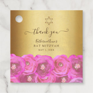 Elegant Pink Floral Gold Bat Mitzvah Thank You Geschenkanhänger