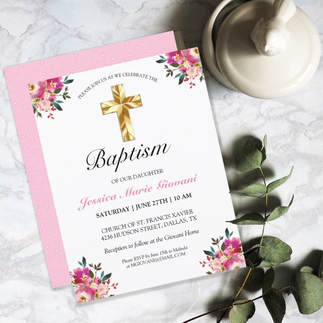 Elegant PInk Floral Gold Cross Taufen Einladung (Von Creator hochgeladen)