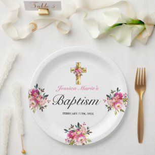 Elegant PInk Floral Gold Cross Taufen Pappteller
