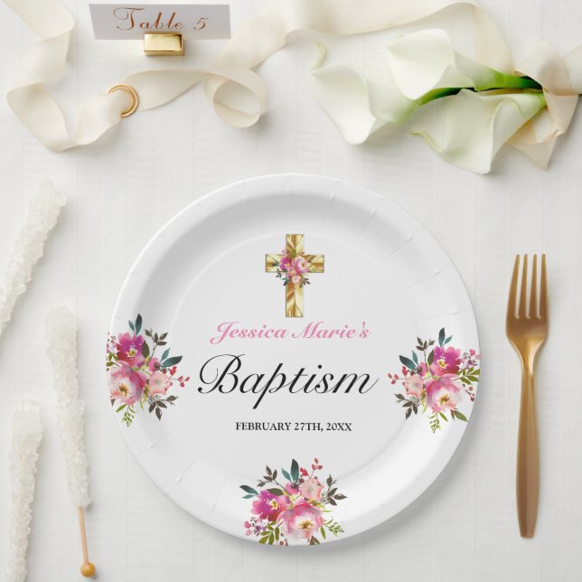 Elegant PInk Floral Gold Cross Taufen Pappteller (Hochzeit)