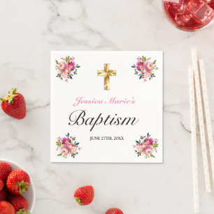 Elegant PInk Floral Gold Cross Taufen Serviette