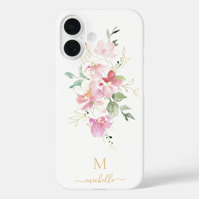 Elegant Pink Floral Gold Script Monogram iPhone 16 Hülle (Rückseite)