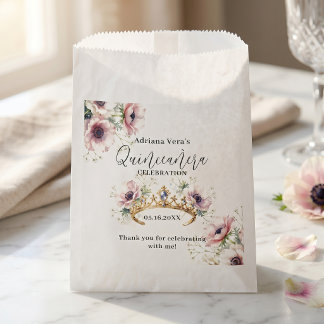 Elegant Pink Floral Gold Tiara Quinceañera Favor Geschenktütchen