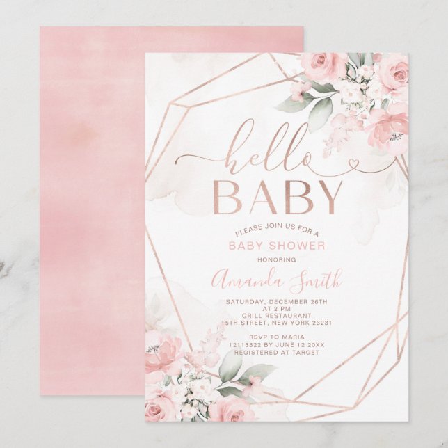 Elegant Pink Floral Hello Baby Shower Einladung (Vorne/Hinten)