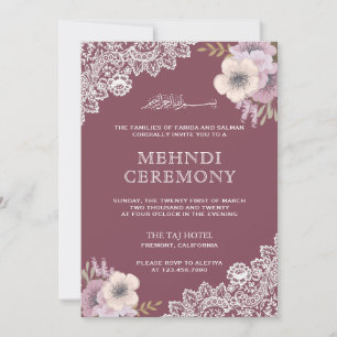 Elegant PInk Floral Lace Islamischer Mehndi Einladung